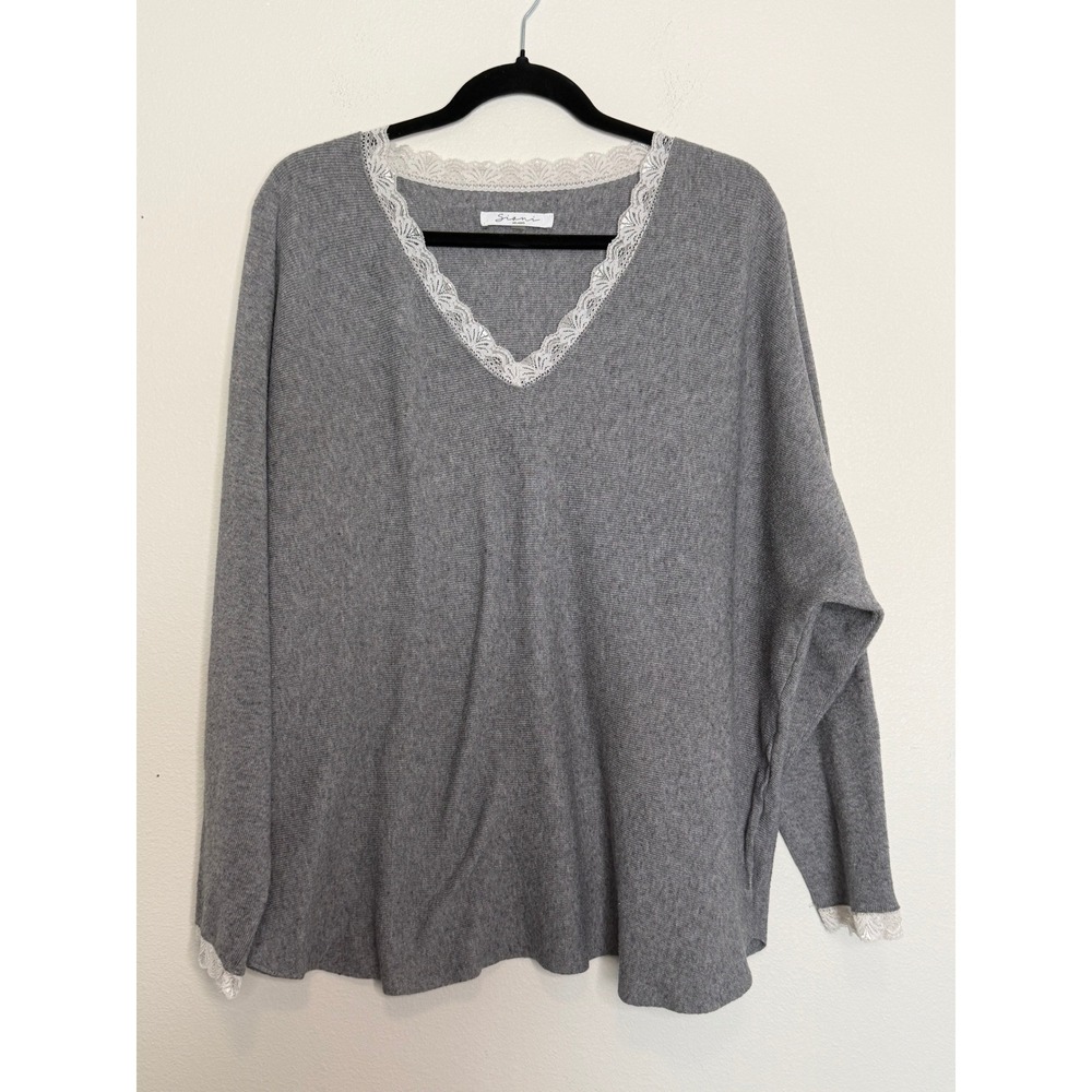 Sioni Milano Grey Lace Trim V-Neck Sweater Dolman Sleeve Knit Top Women